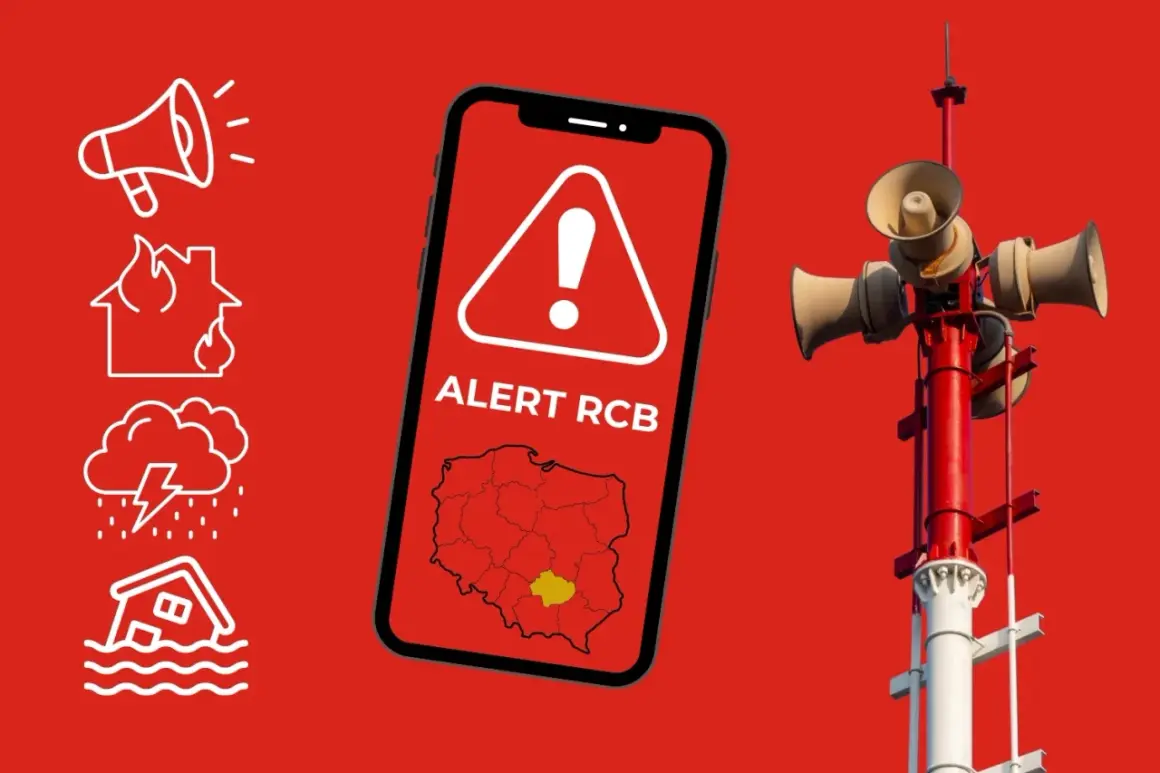 Ikony ostrzegawcze: syrena, pożar, burza, powódź. Telefon z napisem ALERT RCB i mapą Polski. Co oznaczają 4 sygnały straży pożarnej?