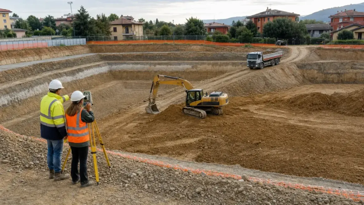 Operai supervisionano uno scavo a sezione ristretta con escavatore e camion.
