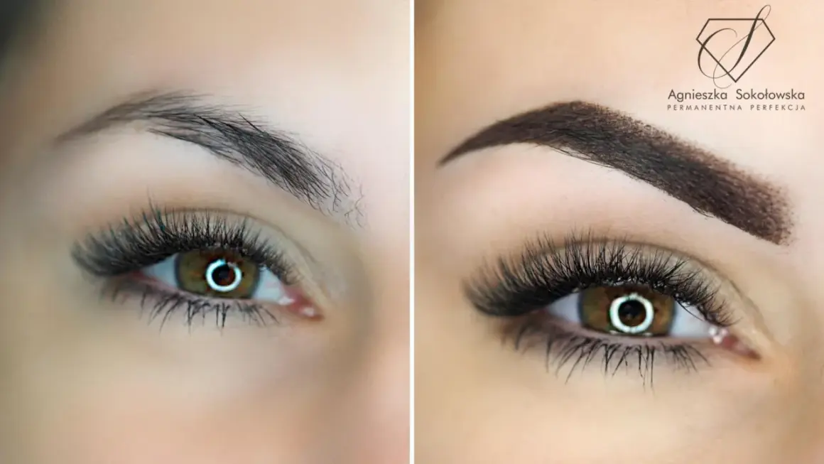 Przed i po makijażu permanentnym oczu. Gęstsze, ciemniejsze brwi i podkreślone rzęsy.