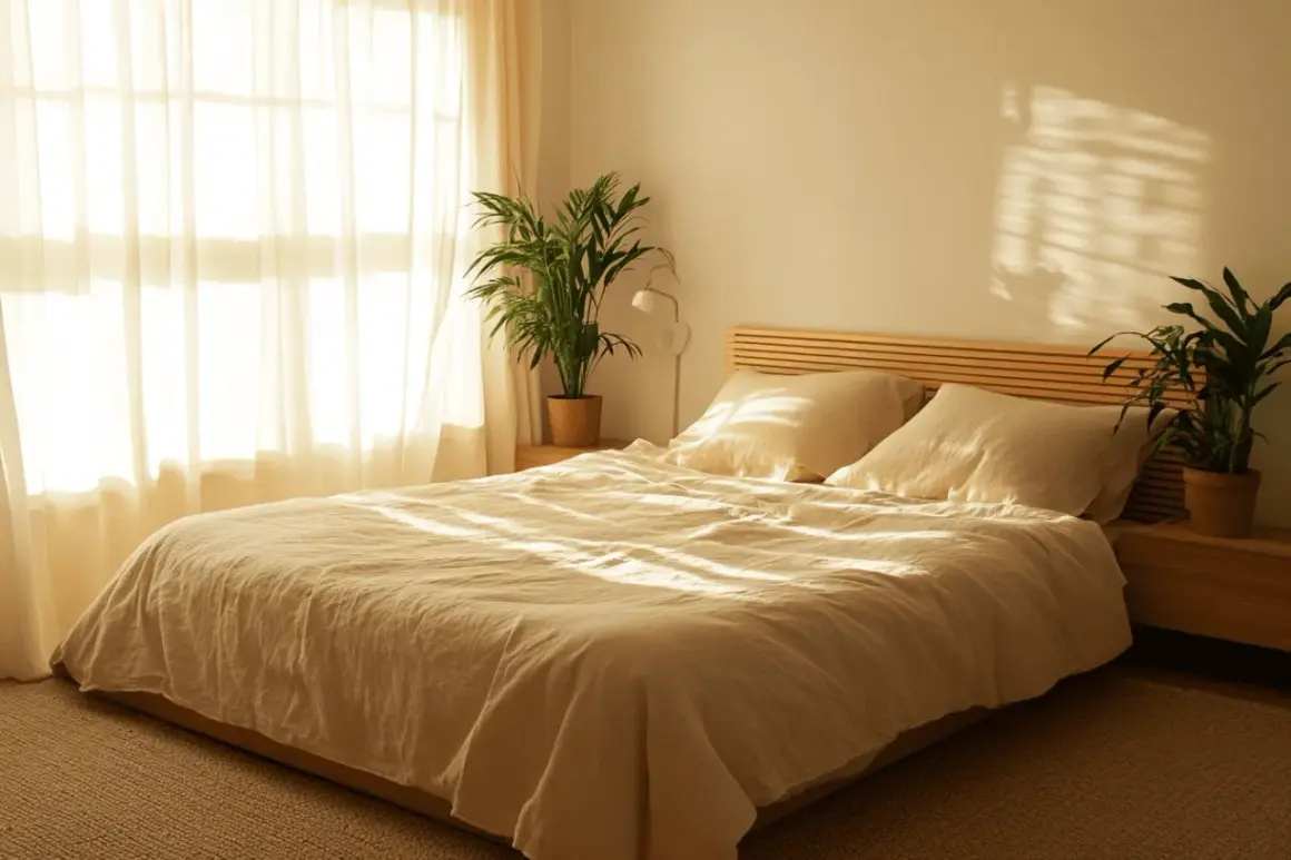 Lit douillet avec draps beiges, plantes vertes et lumière du soleil filtrant à travers les rideaux.