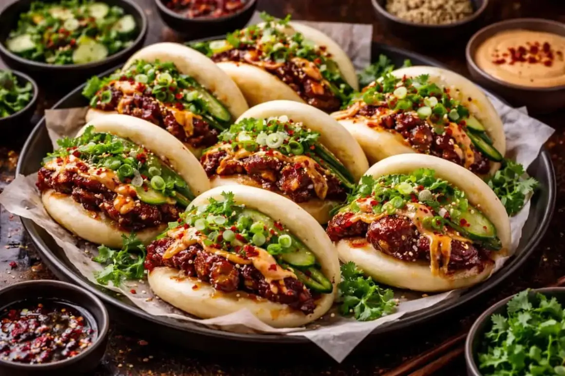 En tallrik med fluffiga bao buns fyllda med kött, gurka och toppade med salladslök. Ett perfekt bao buns recept för en smakrik måltid.