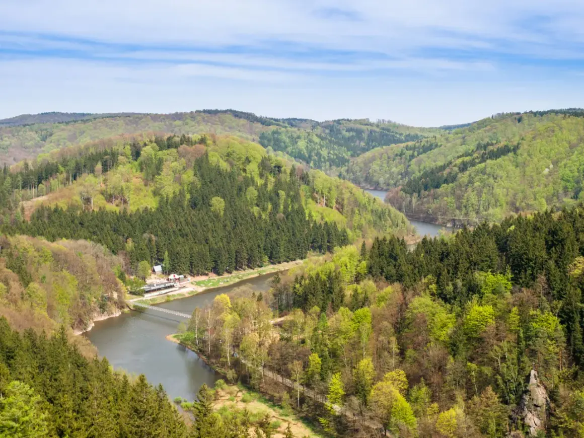 Góry Sowie w zieleni, z rzeką i mostem. Wyobraź sobie, jak dzieci biegają po ścieżkach wśród drzew.