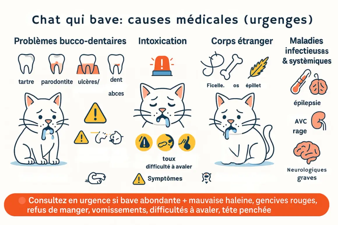 Illustration expliquant pourquoi mon chat bave : problèmes dentaires, intoxication, corps étranger, maladies. Urgence si bave abondante, mauvaise haleine, etc.