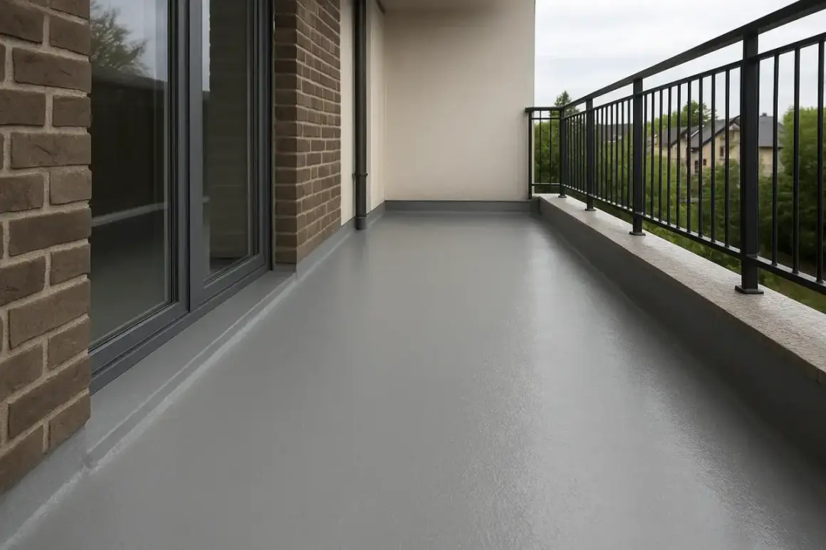Szary, gładki balkon z płynną membraną dachową, z ceglaną ścianą i metalową balustradą.