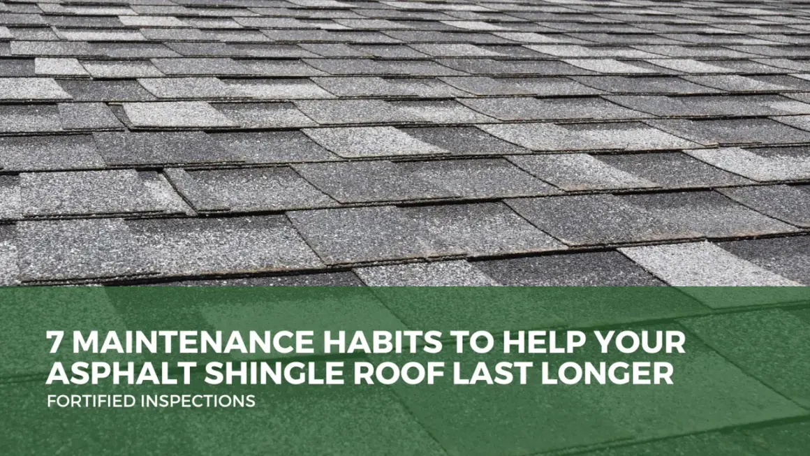 Close-up of a grey asphalt shingle roof, showing texture and overlap. Text reads: "7 Maintenance Habits to Help Your Asphalt Shingle Roof Last Longer.