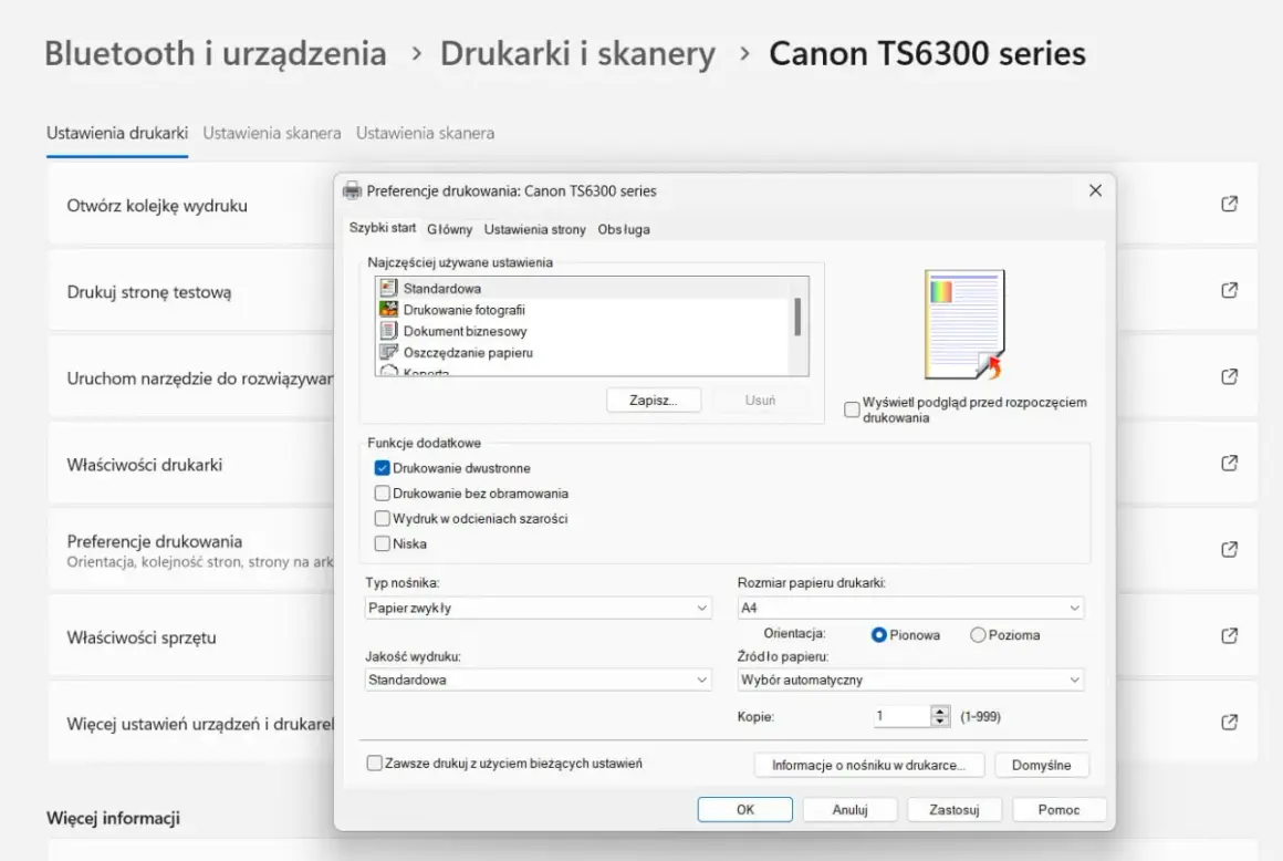 Okno dialogowe "Preferencje drukowania" z zaznaczoną opcją "Drukowanie dwustronne".