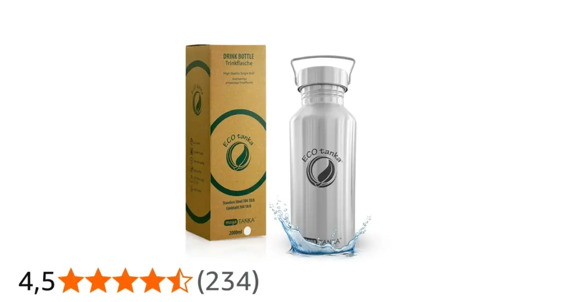 Edle Edelstahl-Trinkflasche "eco tanka" mit praktischem Henkel und Spritzwasser-Effekt. Umweltfreundlich und langlebig.