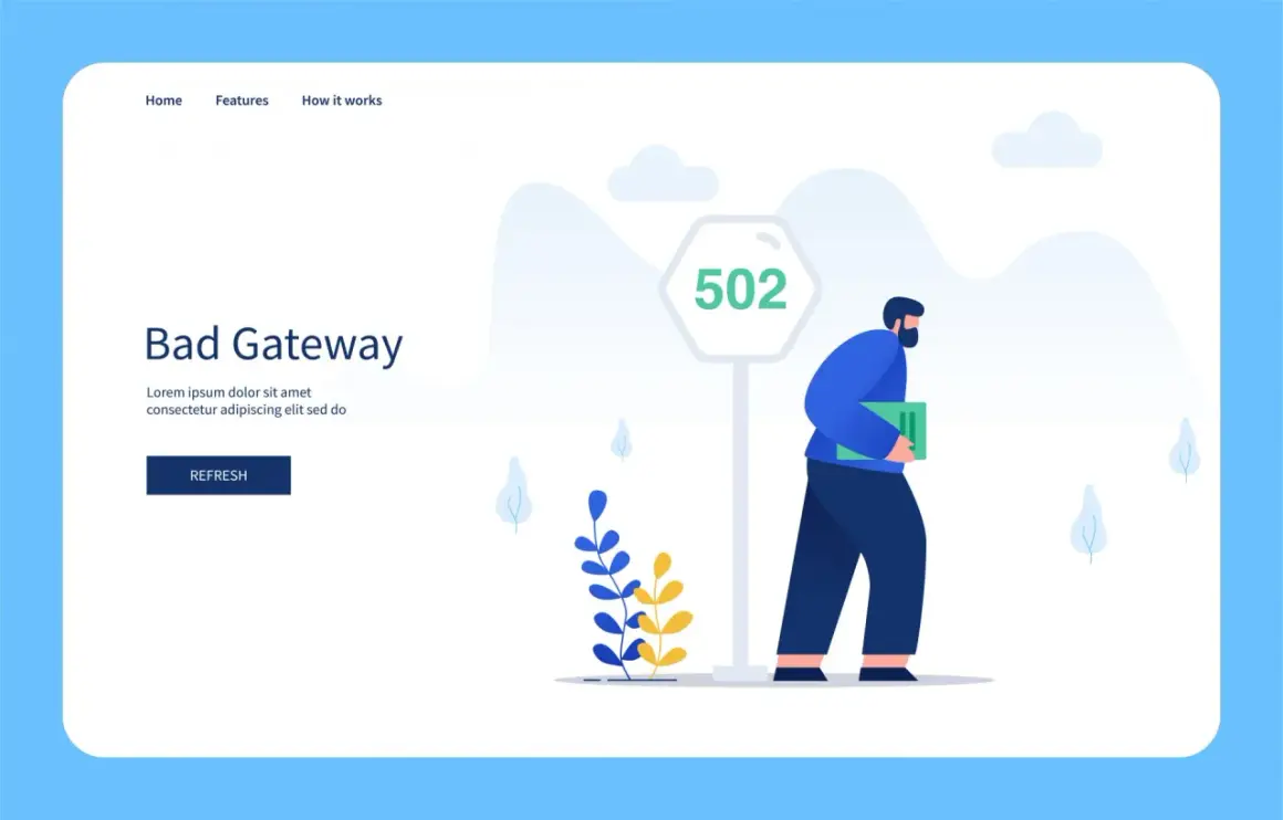 Mężczyzna z teczką mija znak "502 Bad Gateway". Strona informuje o błędzie.