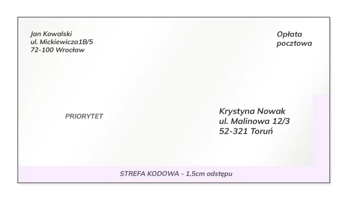 Jan Kowalski, ul. Mickiewicza 1B/5, 72-100 Wrocław. Krystyna Nowak, ul. Malinowa 12/3, 52-321 Toruń. To jest adres pocztowy.
