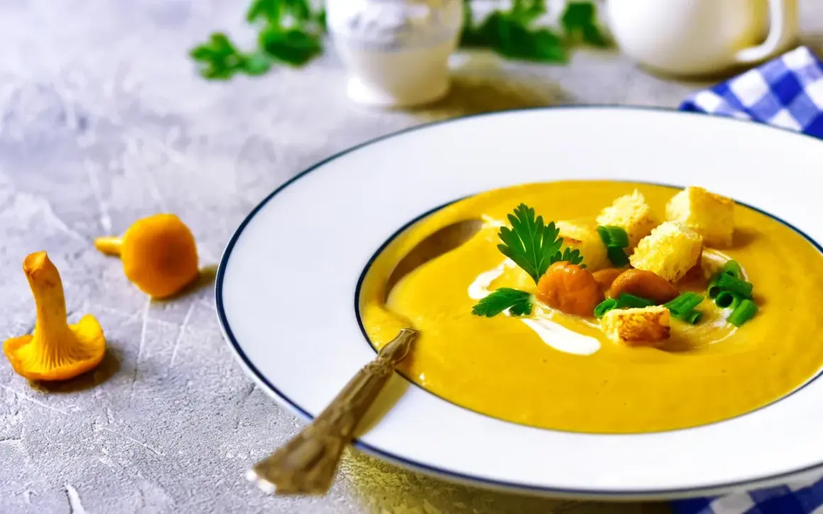 Aksamitna zupa krem z kurek, udekorowana grzankami, świeżą natką pietruszki i szczypiorkiem. Obok talerza leżą świeże kurki.