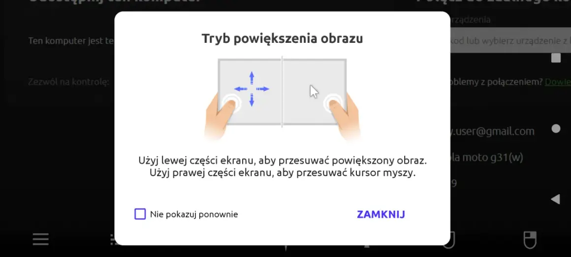 Grafika przedstawia okno dialogowe z instrukcją obsługi zdalnego pulpitu, pokazujące gesty dotykowe.