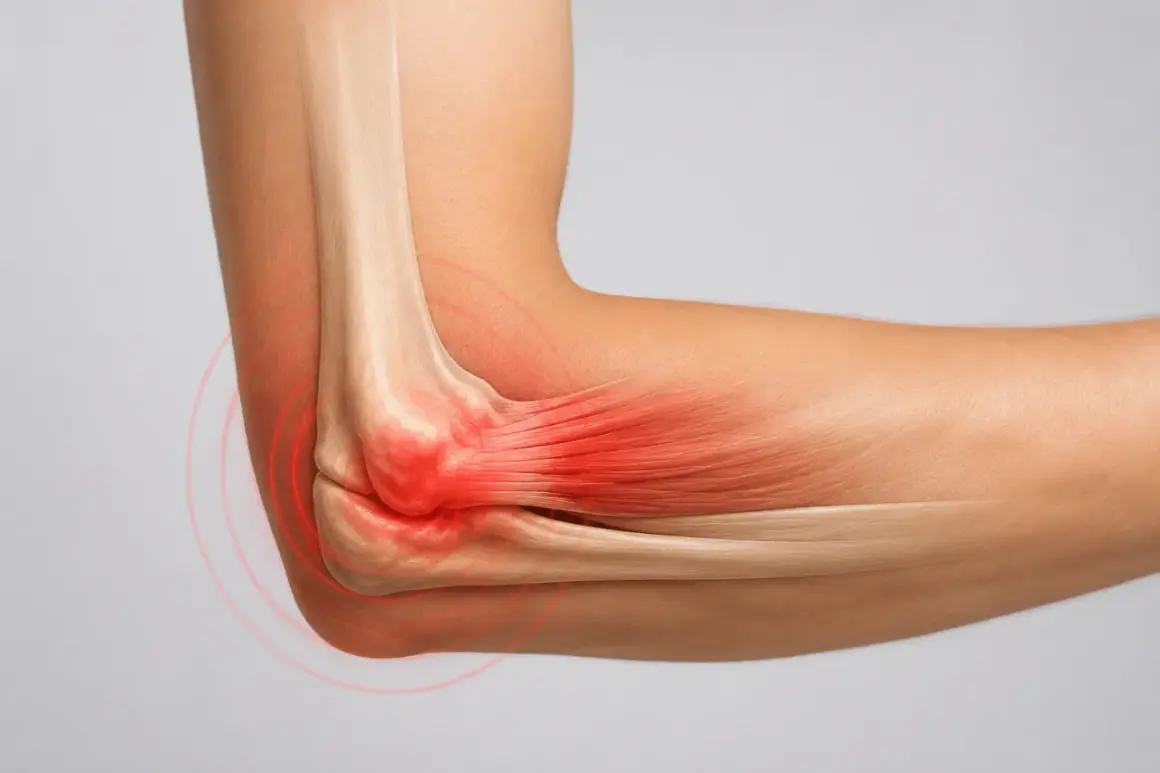 Anatomical view of an elbow joint showing inflammation and pain. Red highlights indicate the area of discomfort, suggesting a potential **ból łokcia**.