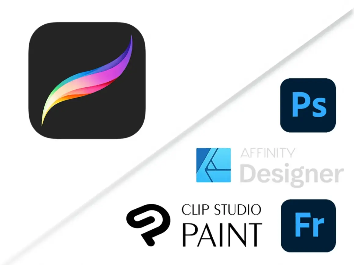 Ikony Procreate, Photoshop, Affinity Designer i Clip Studio Paint. Porównanie procreate cena z innymi programami graficznymi.