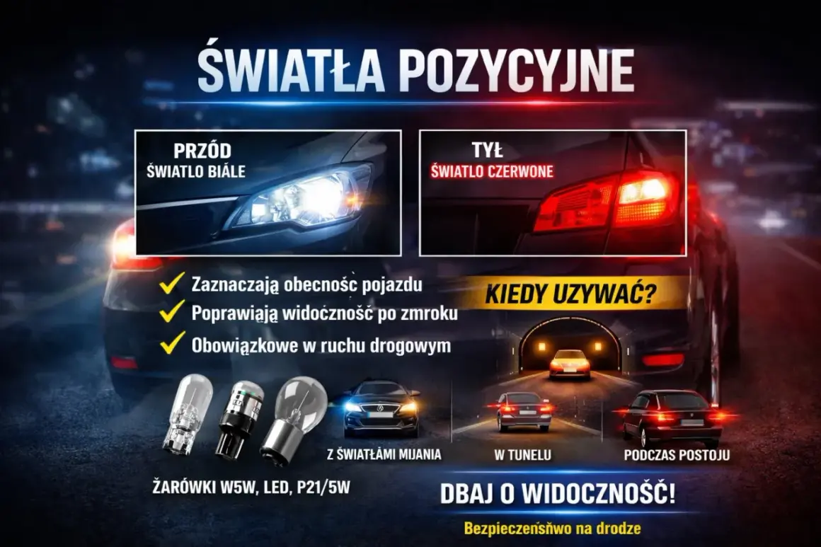 Światła pozycyjne: białe z przodu, czerwone z tyłu. Zwiększają widoczność i bezpieczeństwo, obowiązkowe w ruchu drogowym.