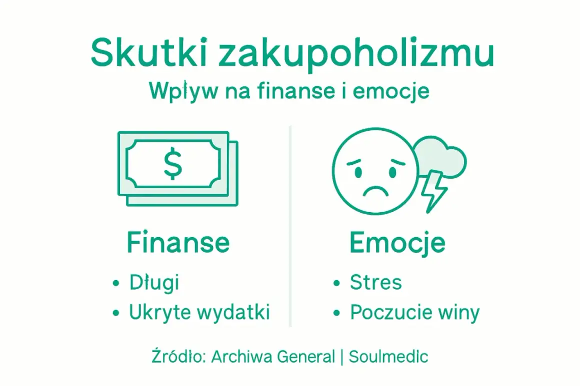 Skutki zakupoholizmu: długi, ukryte wydatki, stres i poczucie winy. Wpływ na finanse i emocje.