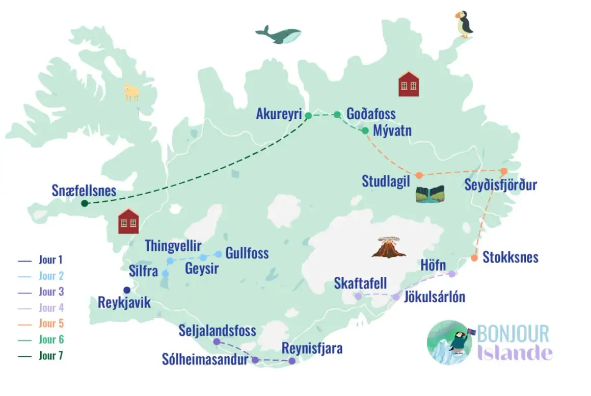 Carte d'un voyage en Islande d'une semaine, montrant les sites clés comme Reykjavik, Gullfoss, Jökulsárlón et Seyðisfjörður.