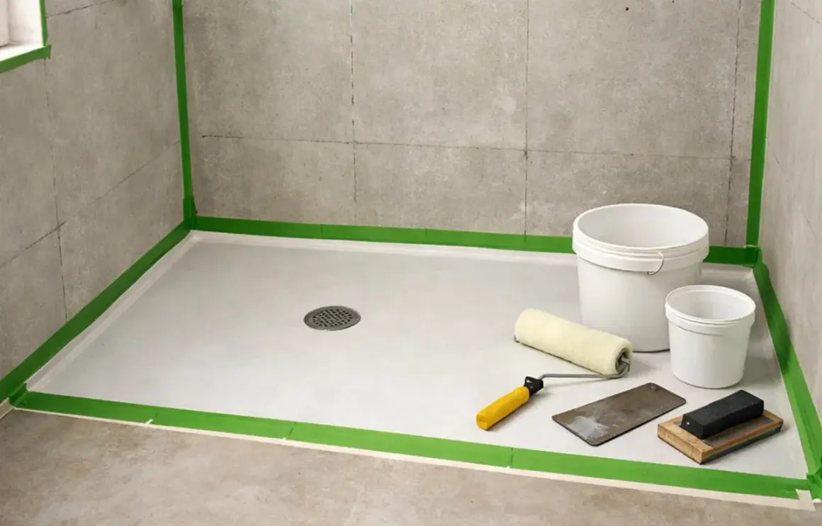 Préparation d'une douche : un receveur en résine, des seaux, un rouleau et une spatule. L'inconvénient ? La préparation minutieuse.