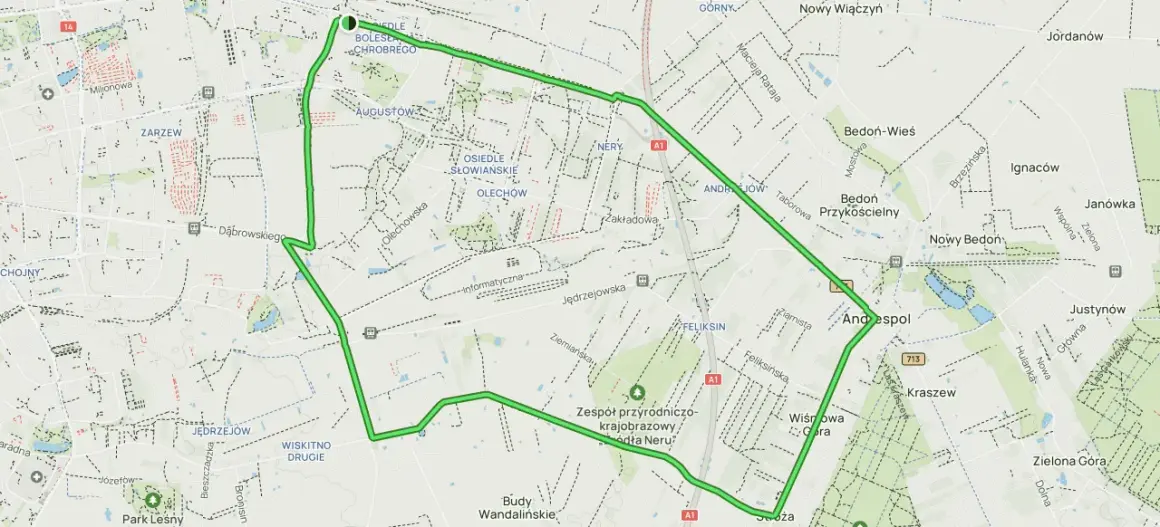 Trasa rowerowa wokół osiedli i terenów zielonych, w tym przez **Andrespol**.
