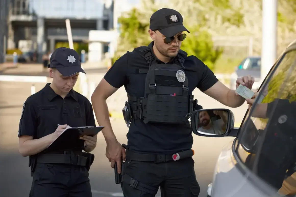 Deux agents de police contrôlent un conducteur. L'un prend une pièce d'identité, l'autre note un défaut de maîtrise du véhicule natinf.