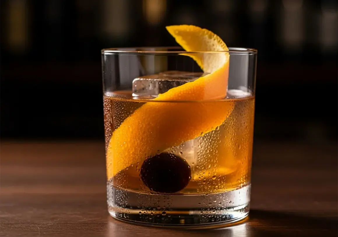 En old fashioned-drink med is, apelsinskal och körsbär i ett glas med kondens.