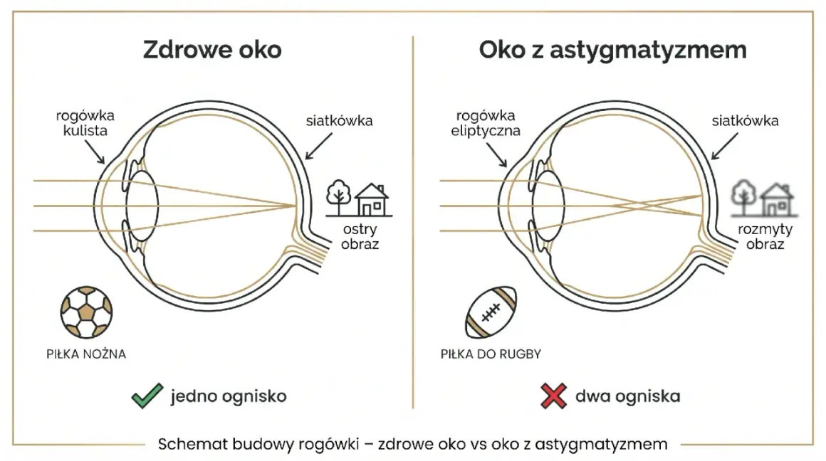 Schemat oka zdrowego i z astygmatyzmem, pokazujący różnicę w ogniskowaniu światła.