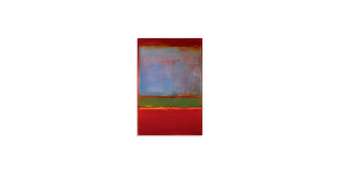 Abstract painting no. 6 (violet, green and red) features soft, rectangular blocks of color: deep red at the top and bottom, a vibrant green in the middle, and a hazy blue-violet in between.
