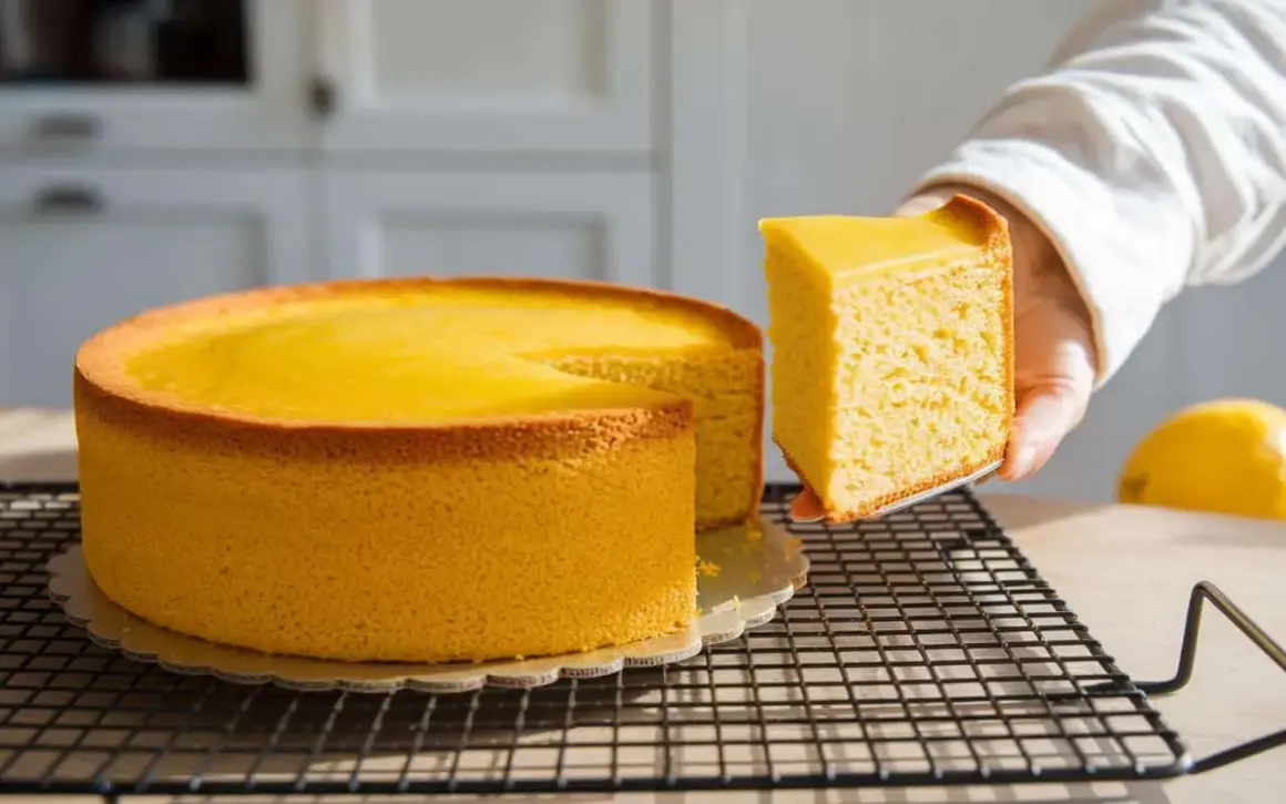 Una fetta di torta allo yogurt, soffice e dorata, viene sollevata da una tortiera intera.