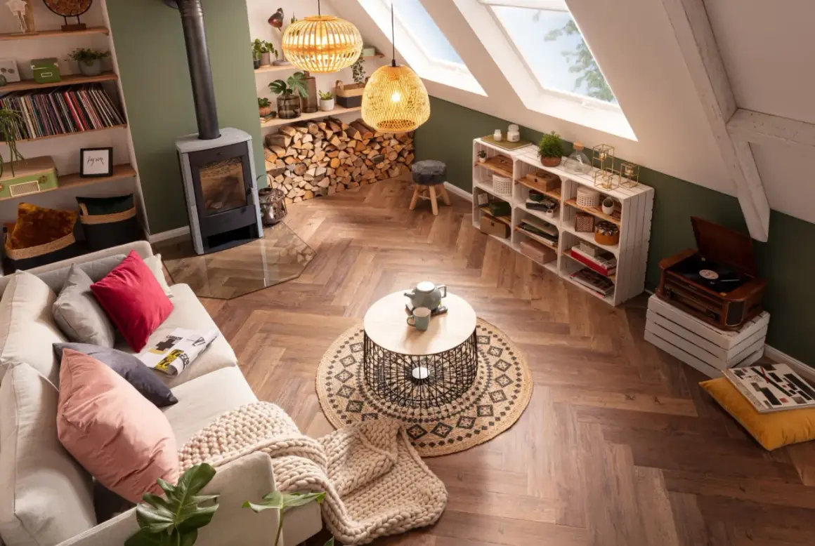 Gemütliches Wohnzimmer im Boho-Stil mit Kamin, bequemer Couch, Rattan-Lampen und vielen Pflanzen.