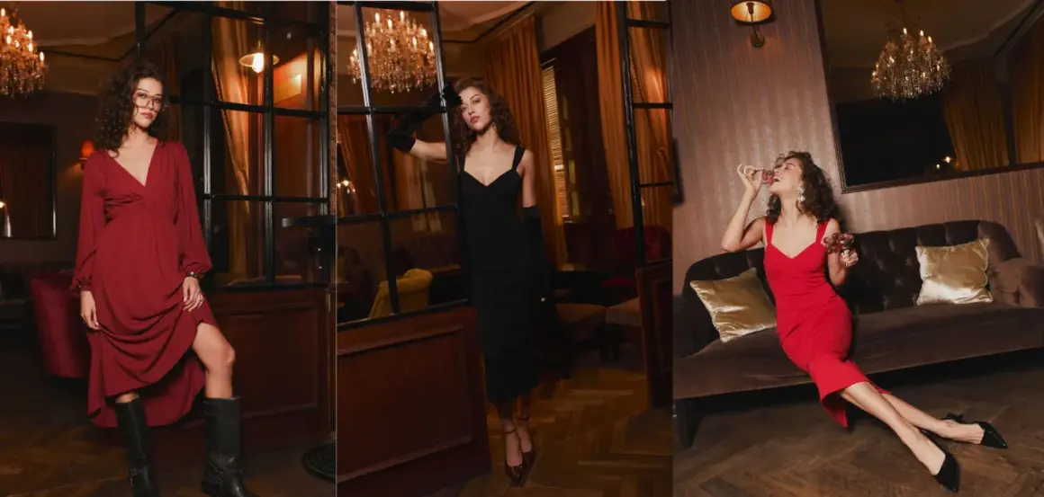 Eleganckie stylizacje na półmetek: czerwona sukienka z kozakami, czarna sukienka z rękawiczkami i czerwona sukienka z winogronami.