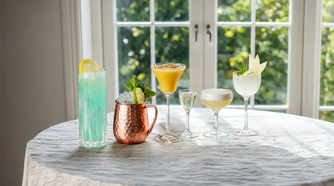 Fem olika vodka drinkar, från en blå long drink till en gyllene passionfruktscocktail och en vit äppeldryck, står uppradade på ett dukat bord.