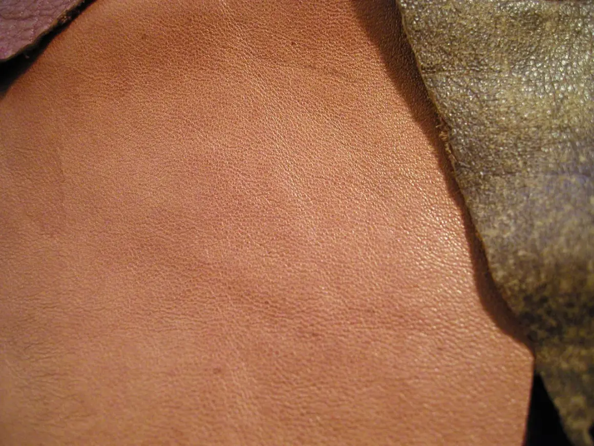 Texture d'un cuir d'agneau plongé, d'une teinte rosée, contrastant avec un cuir plus sombre et rugueux.