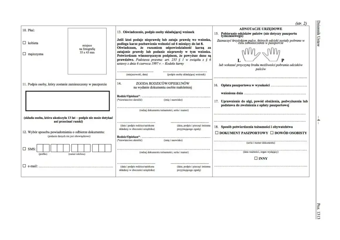 Fragment formularza paszportowego z polami do wypełnienia, w tym sekcje dotyczące danych osobowych, zgody rodziców i adnotacji urzędowych.