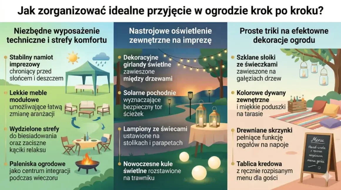 Namiot, girlandy, pochodnie, słoiki ze świecami i dywany tworzą idealną atmosferę na wieczorną imprezę pod namiotem w ogrodzie.