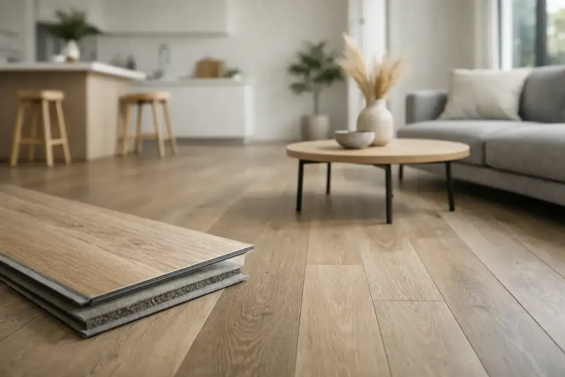 Muestra la diferencia entre suelo laminado y vinílico, con una muestra de material en primer plano y un salón moderno al fondo.