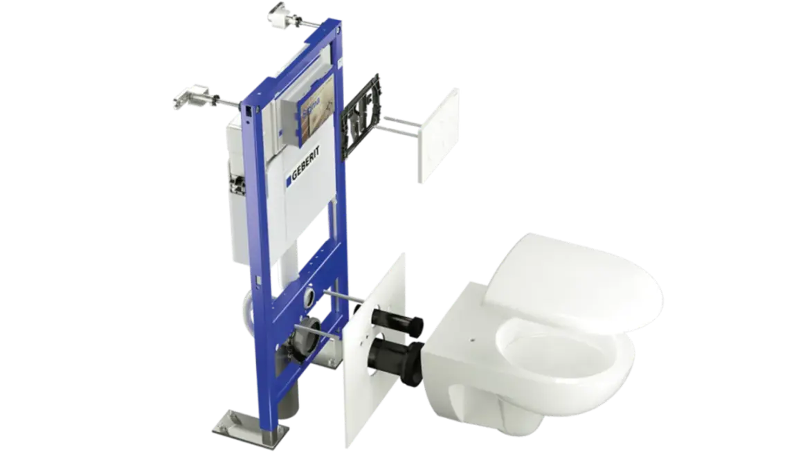 Vue éclatée d'un système Geberit pour le raccordement wc suspendu, montrant le bâti-support, la plaque de déclenchement et la cuvette.