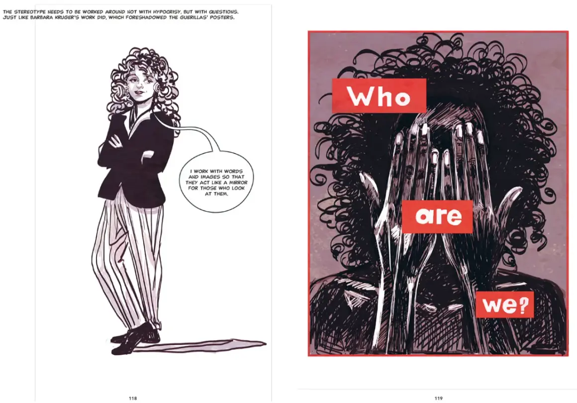 Contemporary feminist art: a woman with curly hair in a suit speaks of mirrors, while another figure hides their face behind hands, with text asking "Who are we?".