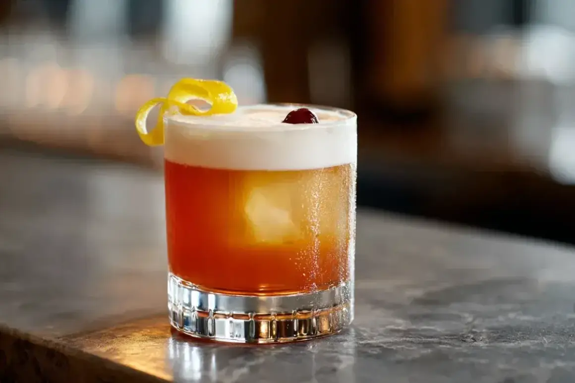 En Amaretto Sour med skummig topp, citronskal och körsbär. Perfekt för en mysig kväll.