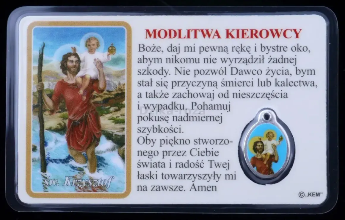Obrazek z modlitwą do św. Krzysztofa, przedstawiający świętego niosącego Dzieciątko Jezus.