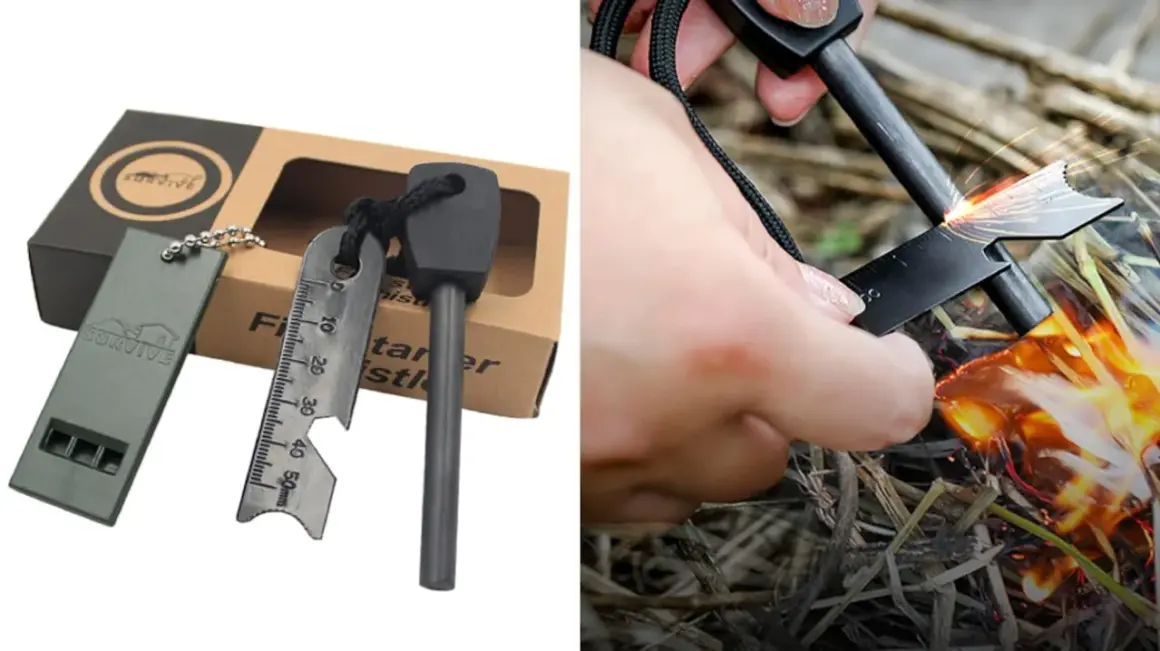 Kit de supervivencia con pedernal, silbato y raspador para encender fuego en la naturaleza.