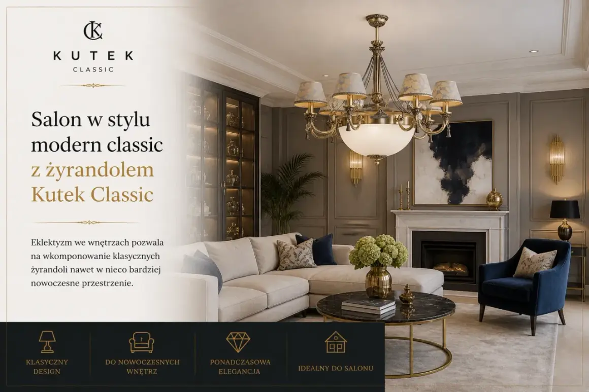 Ekskluzywny salon w stylu modern classic z żyrandolem Kutek Classic. Polski producent żyrandoli tworzy ponadczasową elegancję.