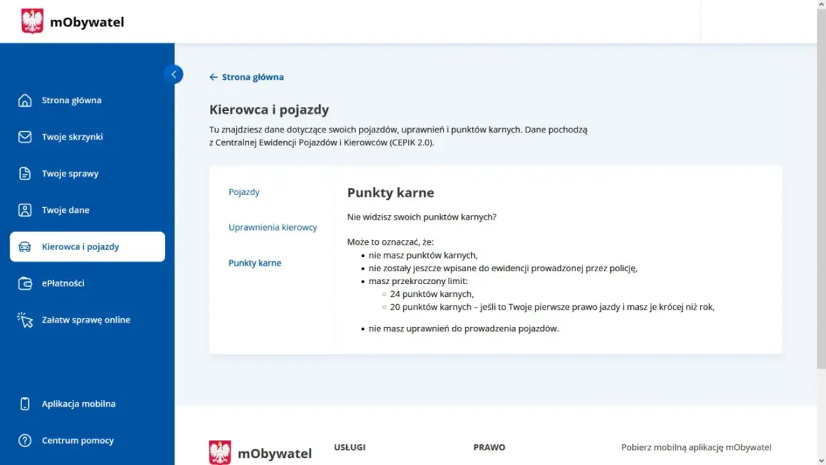 Gdzie sprawdzić punkty karne? Na stronie "Kierowca i pojazdy" w aplikacji mObywatel znajdziesz informacje o swoich punktach karnych z CEPIK.