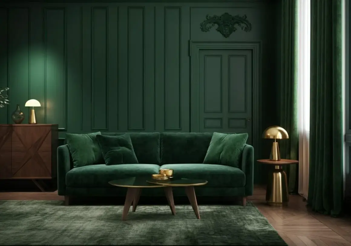 Ein Wohnzimmer in tiefem Grün, wo Wand und Decke in gleicher Farbe gestrichen sind, schafft eine luxuriöse Atmosphäre. Ein Samtsofa und goldene Akzente ergänzen den Look.