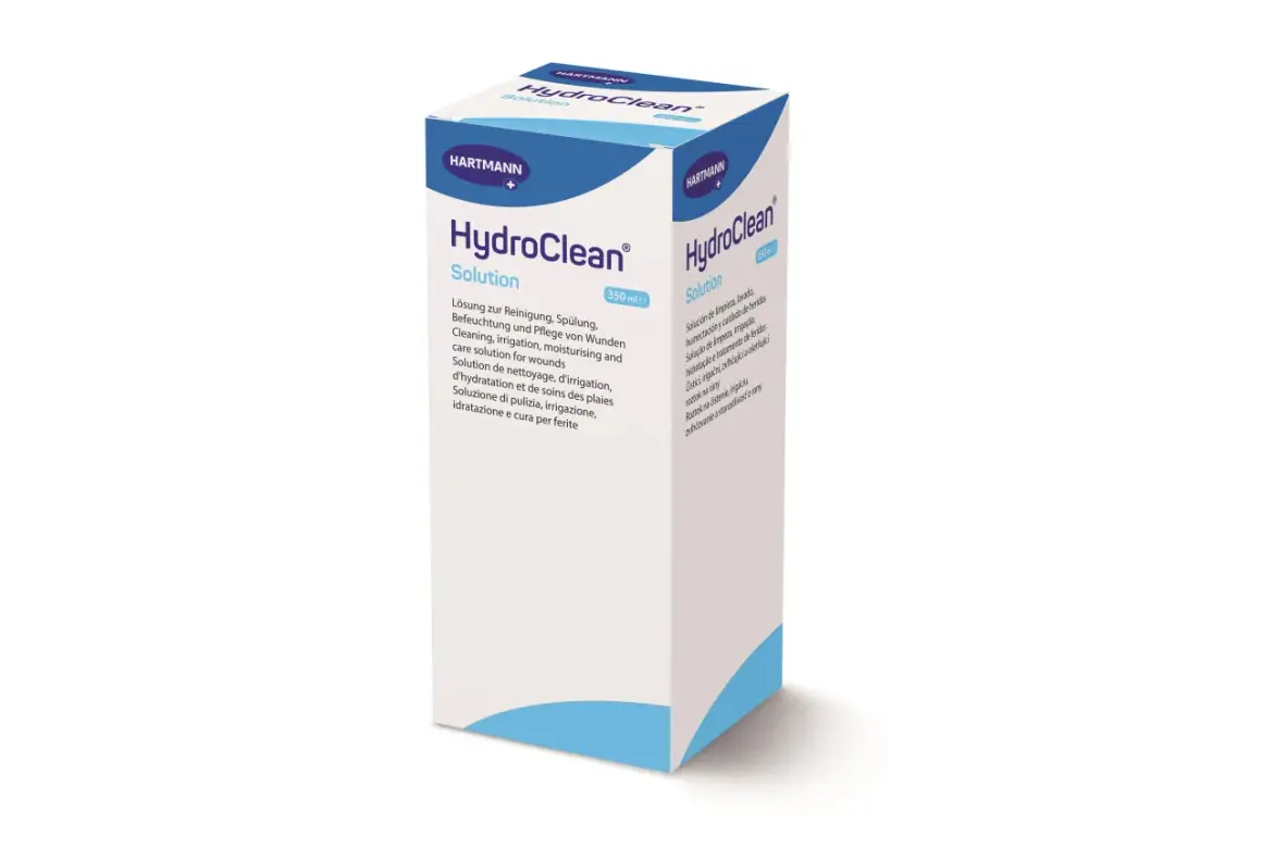 Opakowanie HydroClean Solution, płynu do czyszczenia, nawilżania i pielęgnacji ran.