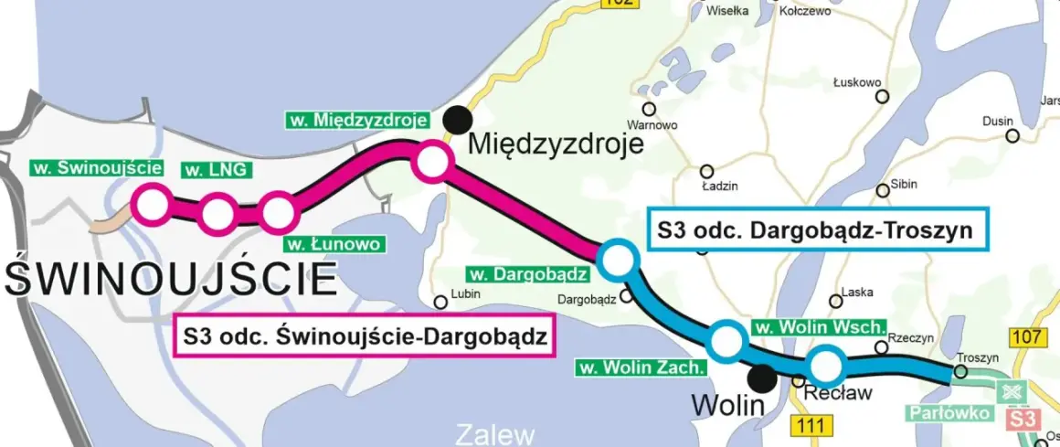Mapa pokazuje przebieg trasy S3 od Świnoujścia przez Międzyzdroje do Dargobądza i dalej do Troszyna.
