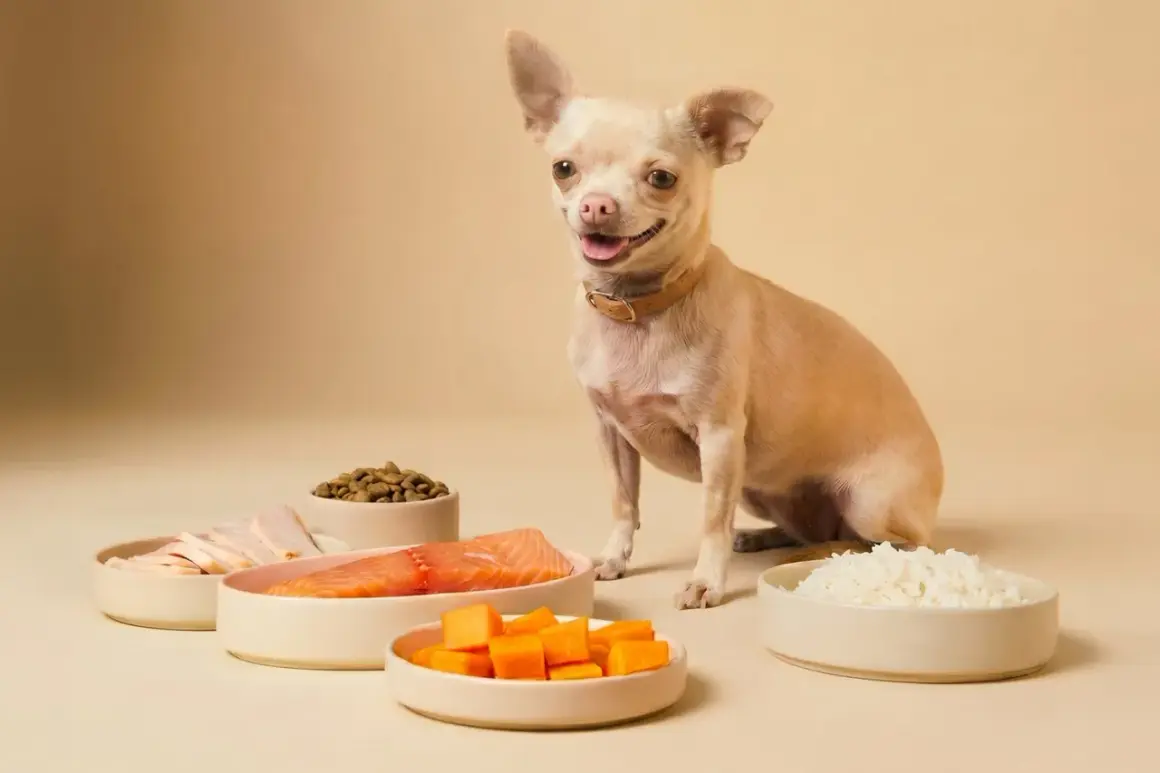 Chihuahua sonriente junto a ingredientes para comida casera: salmón, pollo, calabaza, arroz y croquetas.
