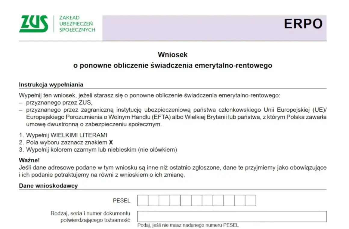 Formularz ZUS ERPO do ponownego obliczenia świadczenia emerytalno-rentowego. Wniosek dla osób ubiegających się o świadczenia z UE/EFTA lub Wielkiej Brytanii.