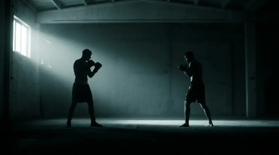 Two boxers spar in a dimly lit gym, bathed in light from a window. Perhaps this is where the peek a boo style was invented.