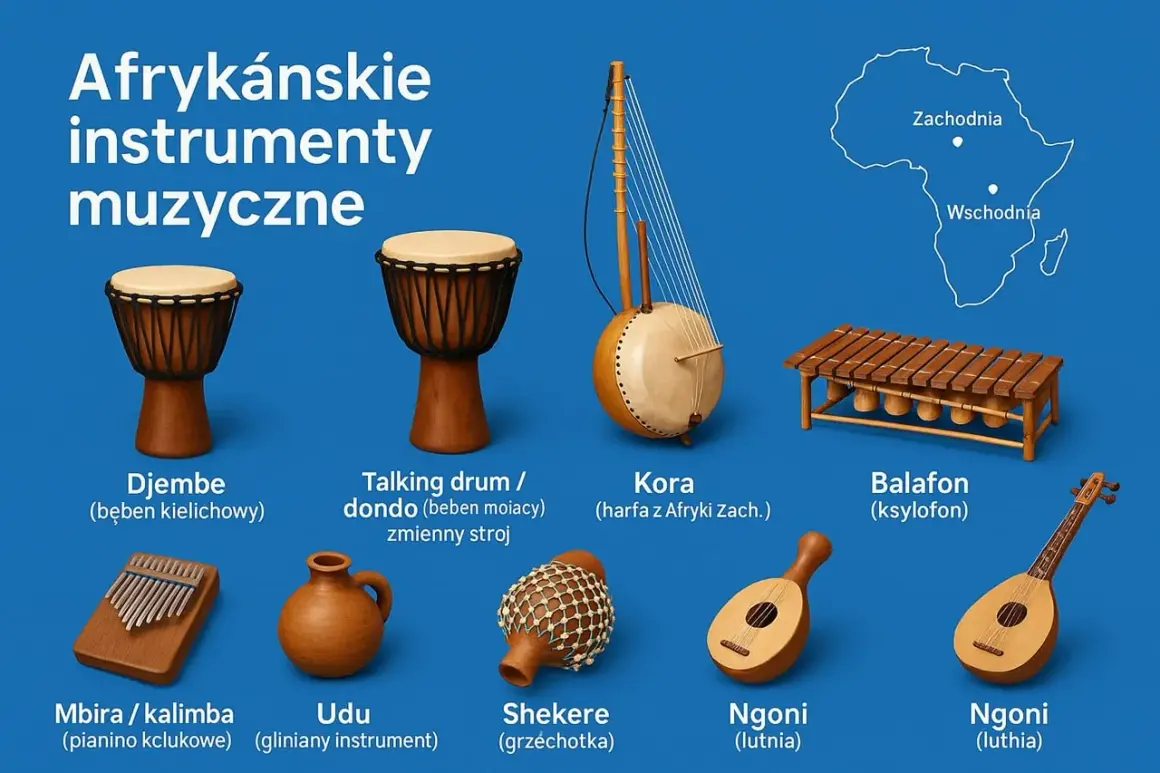 Różnorodne afrykańskie instrumenty muzyczne: bębny djembe, kora, balafon, mbira, udu, shekere i ngoni.