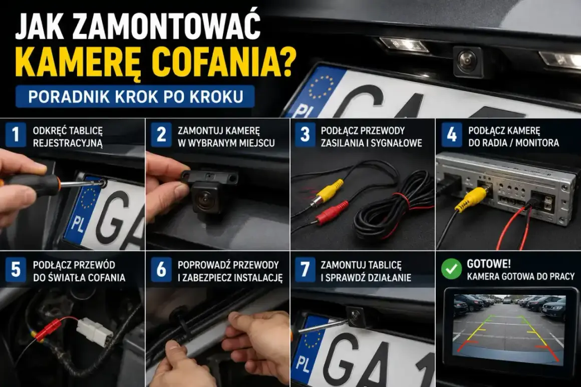 Poradnik montażu kamery cofania: odkręcanie tablicy, mocowanie kamery, podłączanie przewodów zasilania i sygnału do radia/monitora, podłączenie do światła cofania, zabezpieczenie instalacji i sprawdzenie działania.