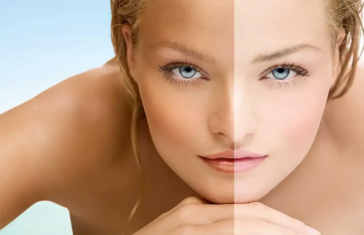 Podzielona twarz kobiety: po lewej opalona, po prawej blada. Widoczne melanotan 2 efekty.